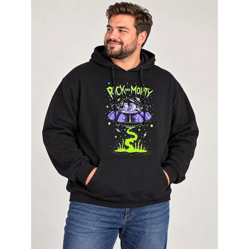 Adult Swim Rick and Morty Black Graphic Fleece Pullover Hoodie Pockets XL